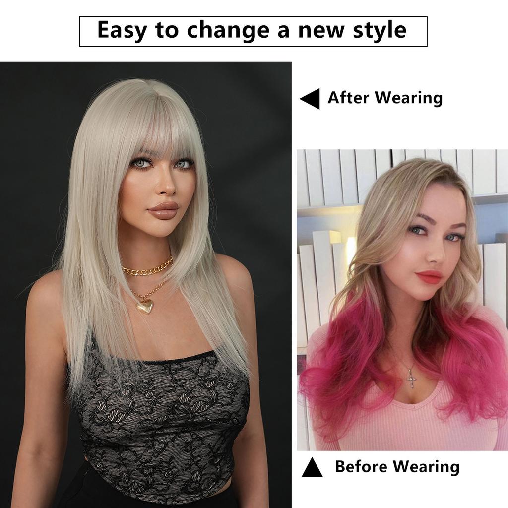 Stříbrná bílá vrstvená rovná paruka pro ženy - Paruka s plnou čepicí s ofinou do vzduchu, Párty Halloween Cosplay Strojově vyrobená paruka, K dispozici stříbrné varianty