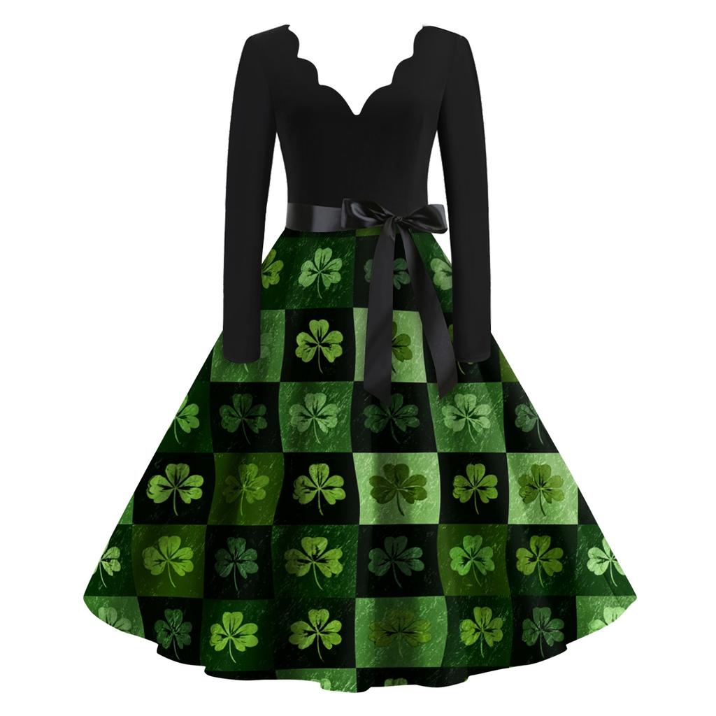 Women's Casual Fashion Printed V-Neck Retro Long-Sleeve Dress