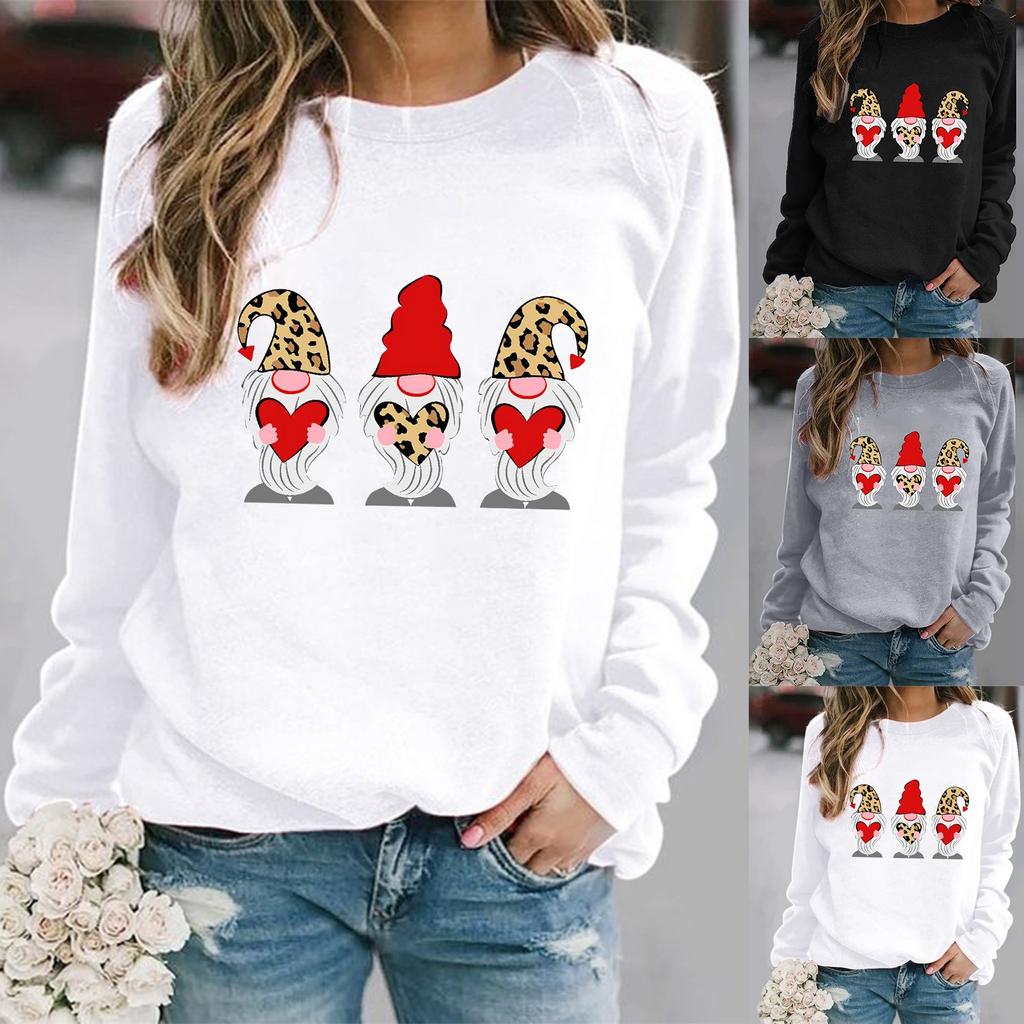 Fashion Womens Loose Valentine's Day Print Round Neck Long Sleeve Sweater Top