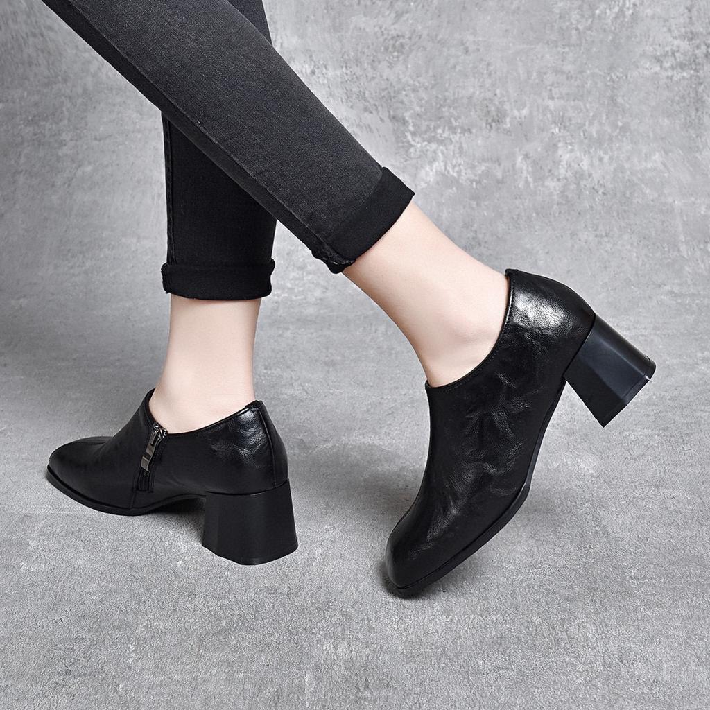 Kwadratowy nosek głęboko wycięte buty pojedyncze damskie 2024 wiosna nowe europejski i amerykański styl prosty temperament boczny zamek botki gruby obcas wysoki he