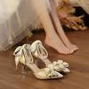 Fashion One Word Buckle Bow Baotou High Heels Women's New Wedding Pointed Toe Shallow Mouth Beaded Pearl Non-slip Sandals