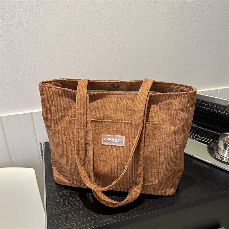 Bolsa de Ombro Feminina de Veludo Cotelê, Bolsa de Mão Casual de Grande Capacidade para Sair Lavável à Máquina com Alça Fixa Forro de Poliéster