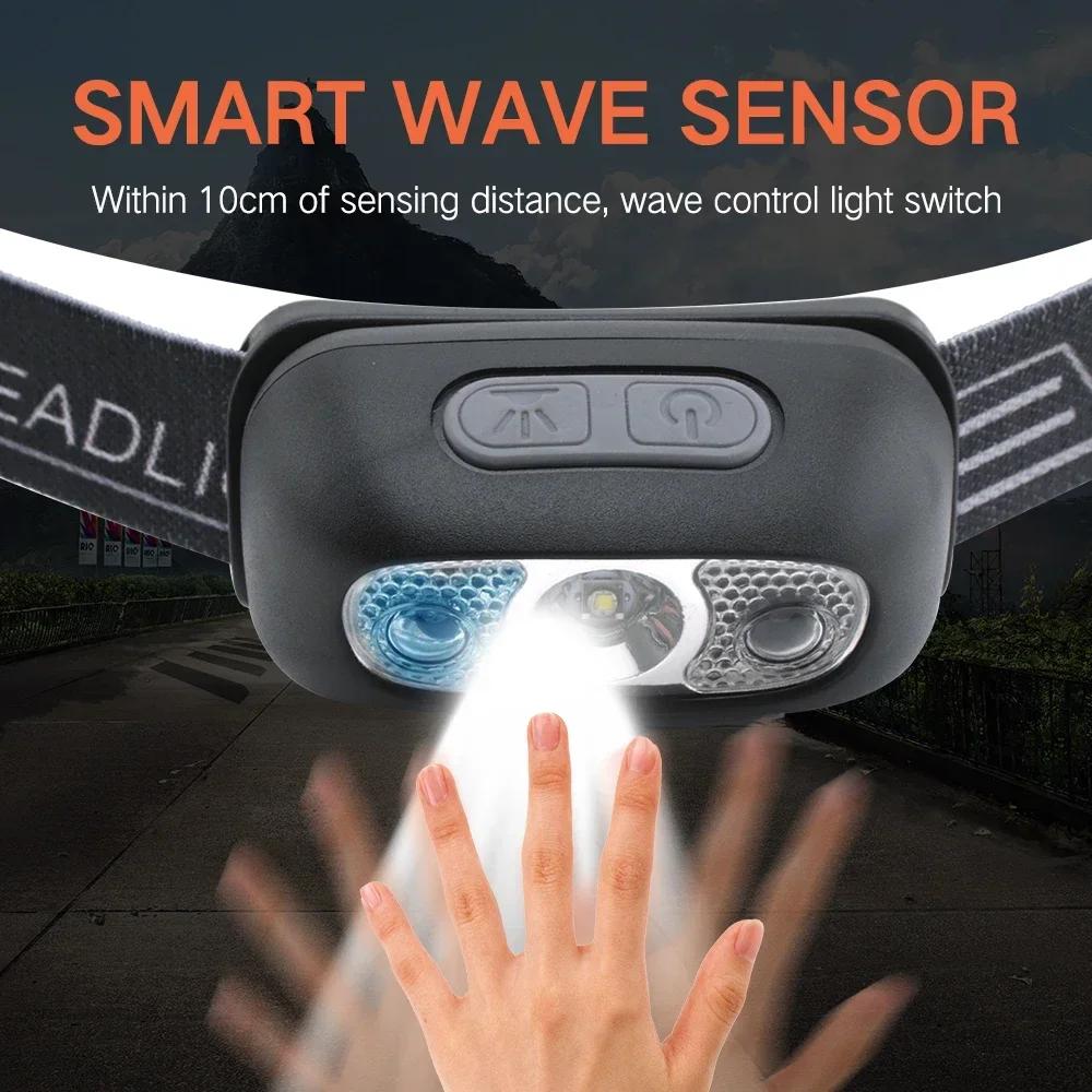 Mini LED Headlamp USB Rechargeable Headlight Wave Sensor Head Flashlight Outdoor Houshold Lamp for Camping Hiking Emergency Fish