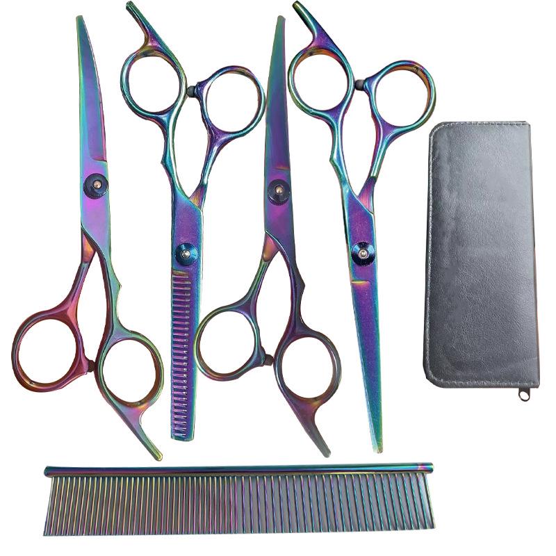 Black Gold Hairdressing & Pet Scissors Set - Serrated, Flat, Bangs, Oblique Tail.