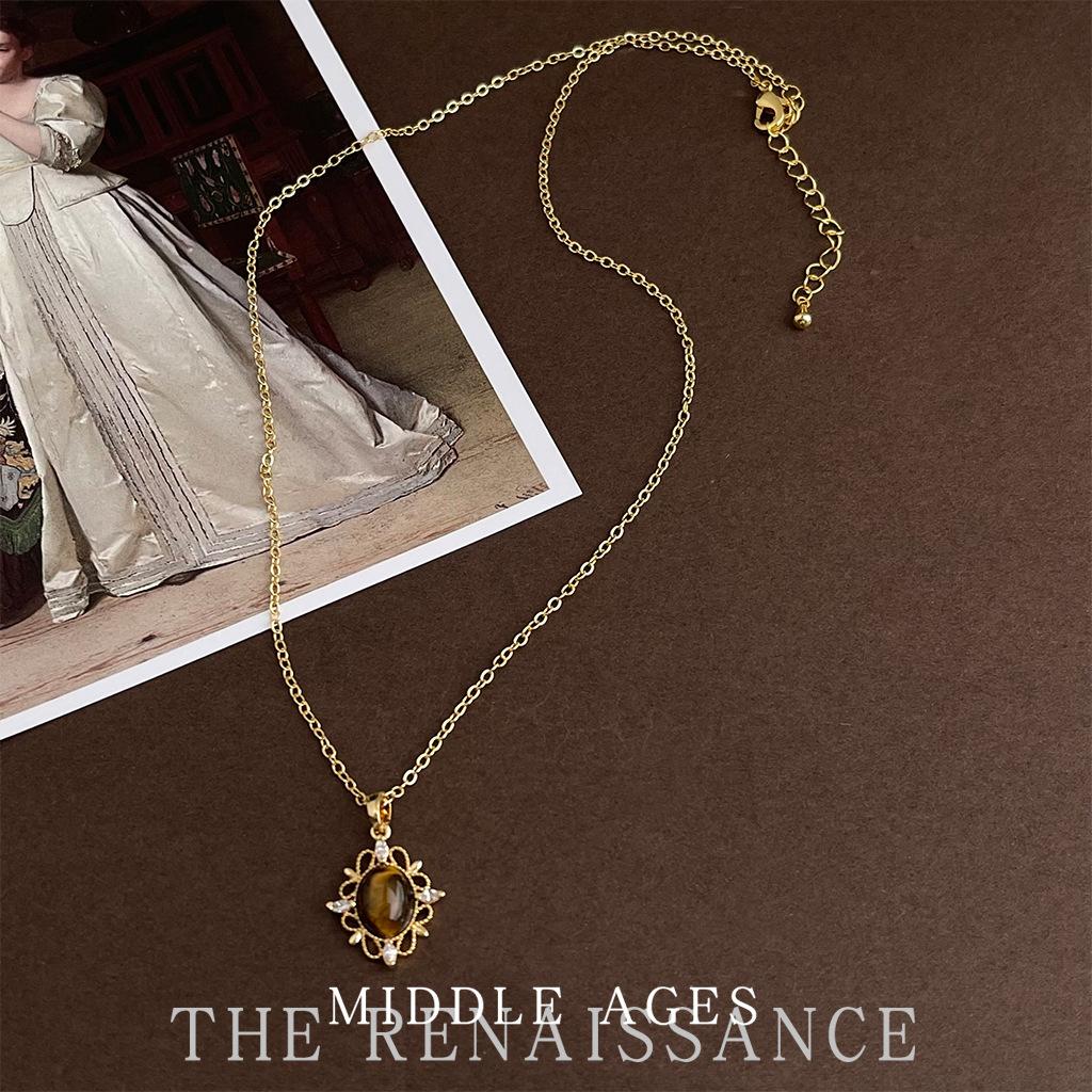 Natural Tiger's Eye Stone Necklace Vintage Stacked Sweater Chain Temperament Necklace