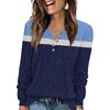 Women's Fashion V-Neck Button-Front T-Shirt With Striped Patchwork Print Long-Sleeved Top