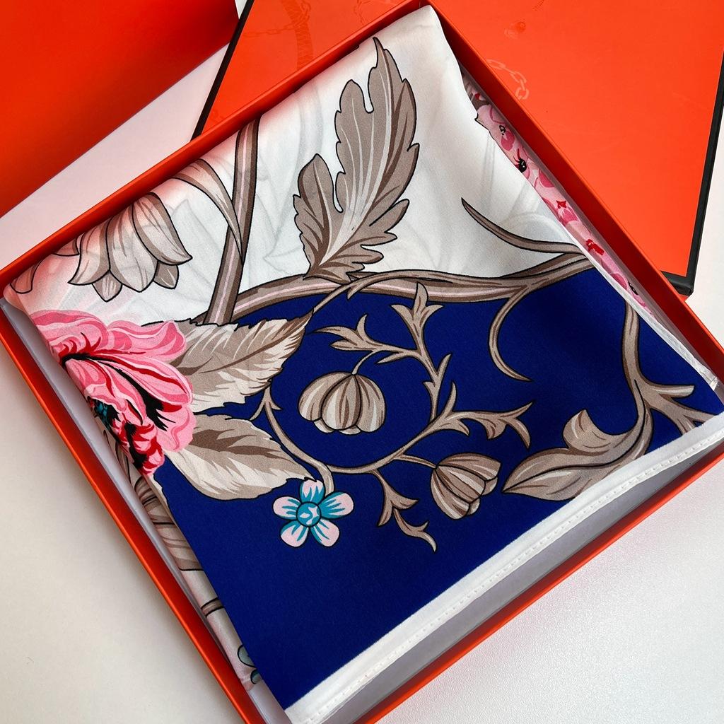 Dongdaemun Flower Silk Printed Silk Scarf Women'S Square Scarf Spring And Autumn Versatile Thin Foreign Style Scarf Shawl