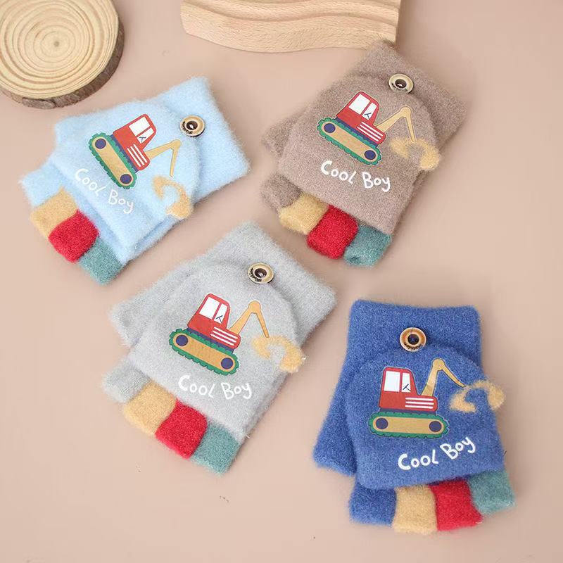 Cartoon Korean Printed Excavator Primary School Children's Gloves Knitted Thickened Clamshell Writing Cold-proof Five-finger Gloves