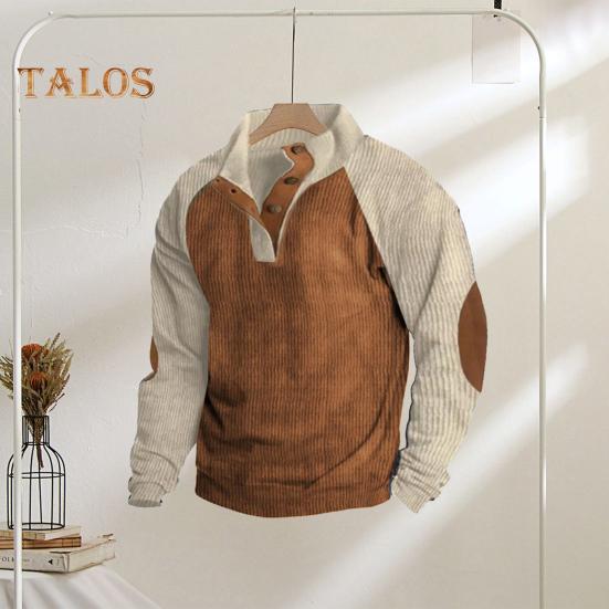 Spring Autumn Men Sweatshirt Colorblock Patchwork Retro Style Half-open Stand-up Collar Top Plus Size Loose Long Sleeves Top Daily Life Office