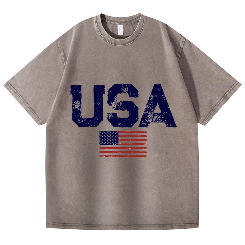 Retro Washed Vintage T-shirt Usa Letters American Flag Stars And Stripes Mens Clothing Loose T-shirt Autumn Pullover T-shirt