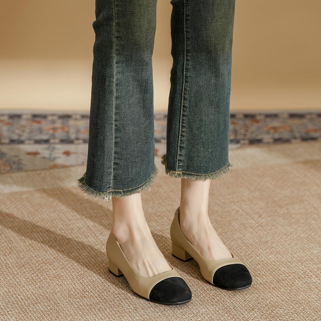 Leder quadratischer Kopf Farbabstimmung kleiner Duftstil niedriger mittlerer Absatz Blockabsatz Einzelne Schuhe Damen Koreanische Version Frühling und Herbst neu Frenc