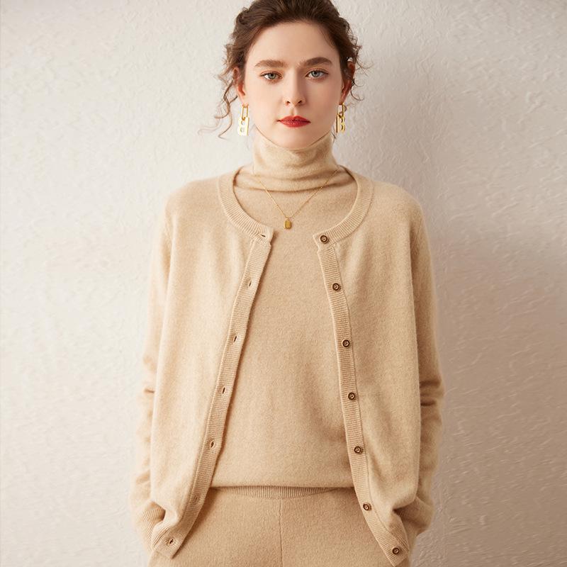 Women's Versatile Round Neck Casual Cashmere Knit Cardigan - Lightweight, Large Size Outerwear