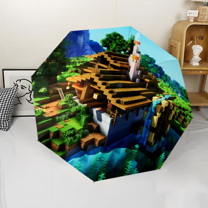 Minecraft5 Print Automatic Umbrella, 8 Rib Iron Frame, Plastic Handle, Suitable for Outdoor Travel &Daily , Ideal Gift
