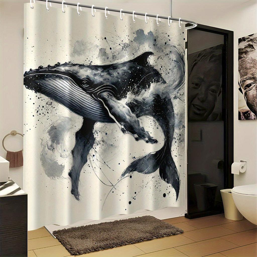 Ink Splatter Whale Illustration Shower Curtain 1Pc With 12 Hooks For Bathroom Home Decor Polyester 2D Flat Print 70.8X70.8 Inch