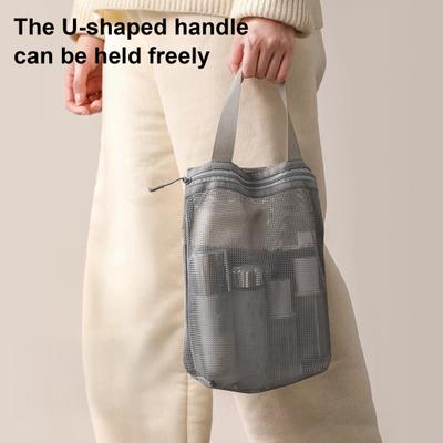 Aufbewahrungs-Duschtasche, Strand-Toilettentasche, Reißverschluss, große Kapazität, einfarbig, hohles Netz, Kosmetiktasche mit Griff