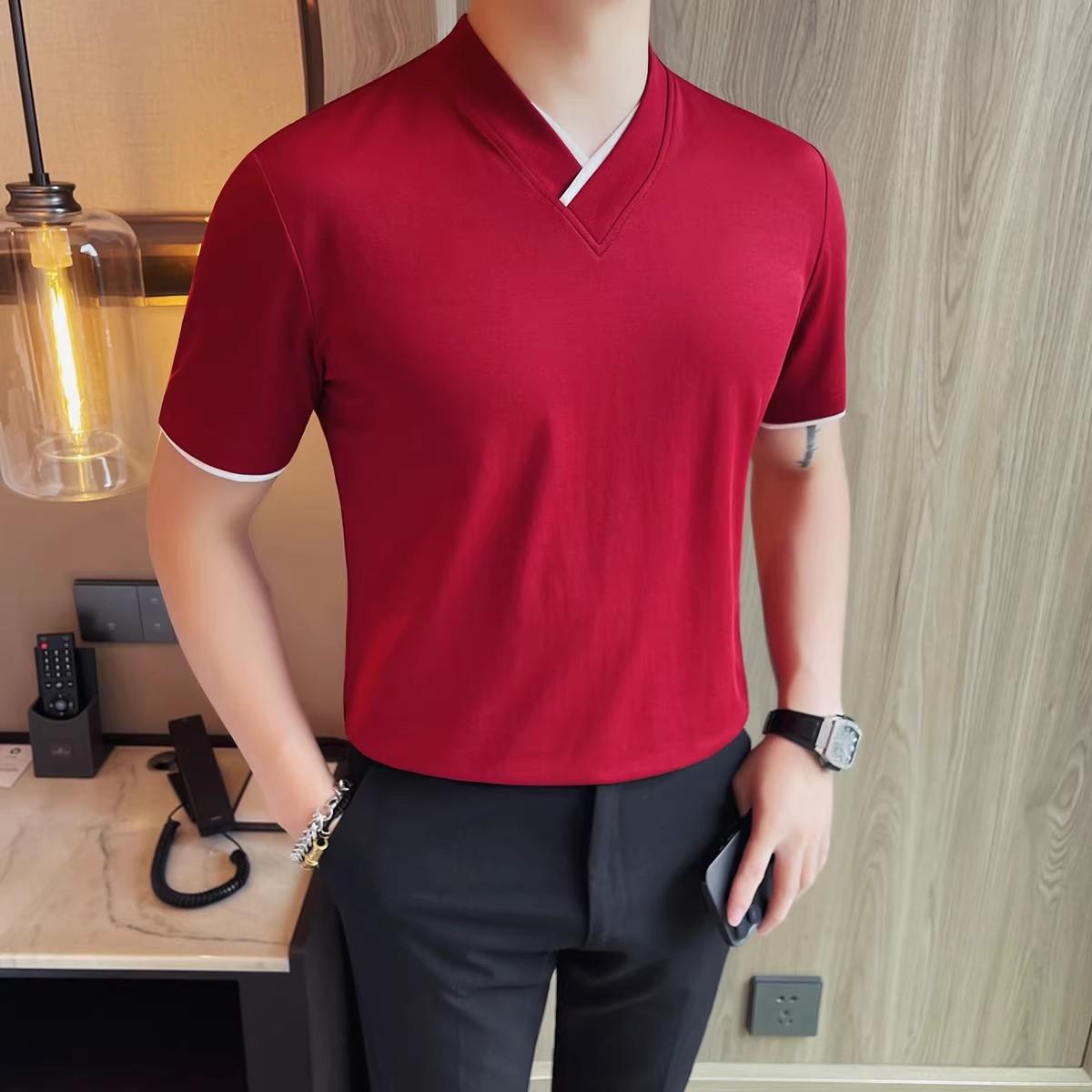 Летние мужские повседневные футболки с коротким рукавом, хлопковые, с V-образным вырезом, однотонные, модные, облегающие футболки, мужские молодежные футболки Vitality, топы XXL красный