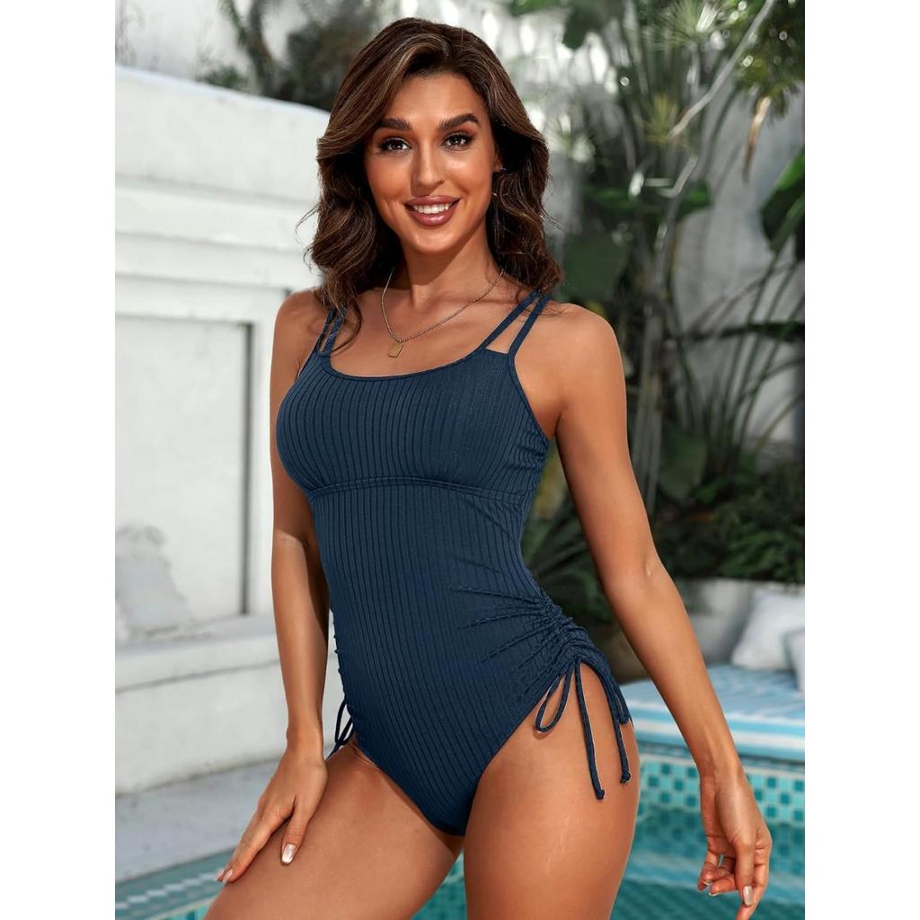 CHARMLEAKS Ribbed One Piece Swimsuit Women Tie Side 1 Piece Bathing Suit High Cut Monokini Sexy Swimwear
