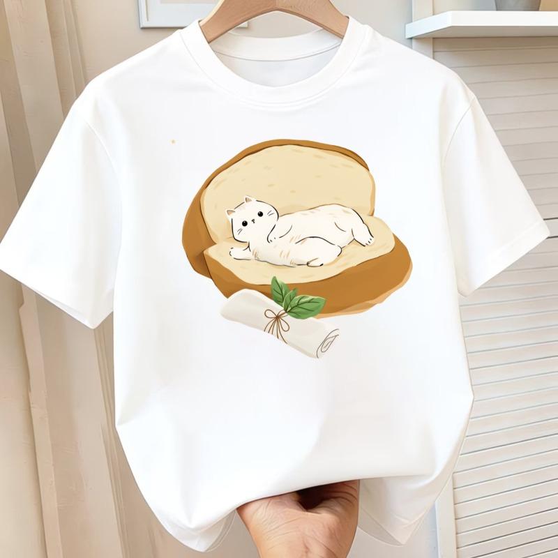 Children Crew Neck Short Sleeve T-Shirt with Cartoon Cat Sleeping in Bread Print 110 белый