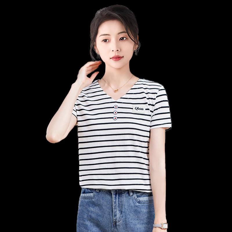 Yuzhaolin Women's Korean Style Striped Loose T-Shirt