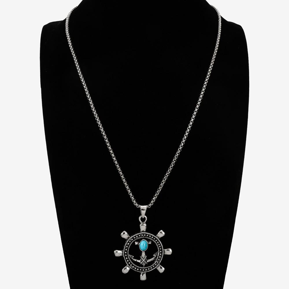 Turquoise Rudder Pendant Necklace Punk Hip-Hop Necklace Retro Anchor Necklace