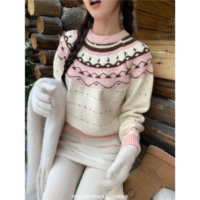 

Женский свитер с круглым вырезом и узором Fair Isle - Мягкий, милый, универсальный зимний трикотаж One Size розовый