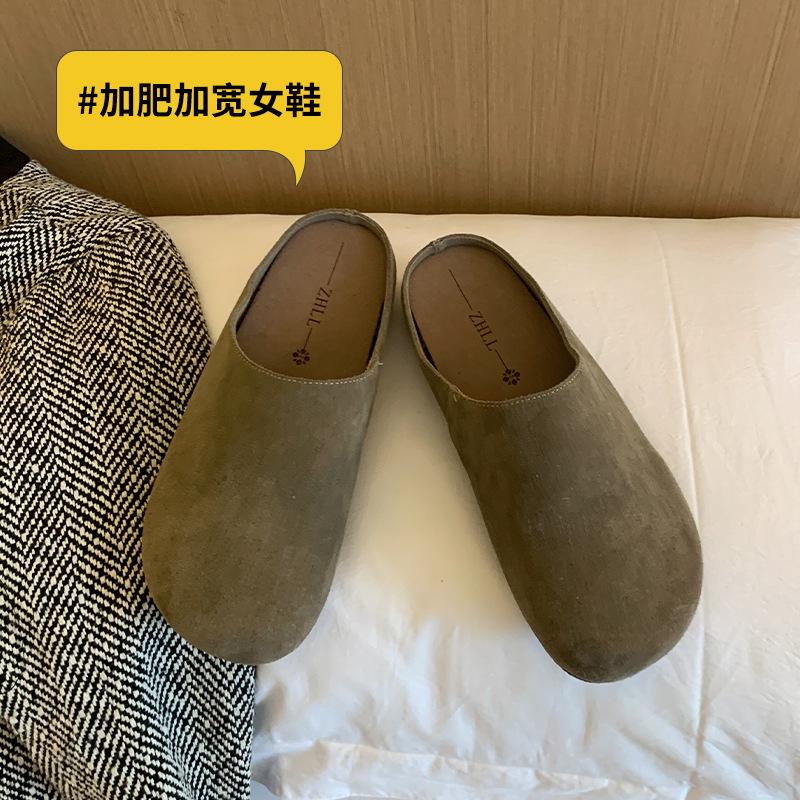 

Retro women s wide fat feet matte thick bottom half drag one pedal cork lazy shoes large size women s shoes 44 темно-сірий