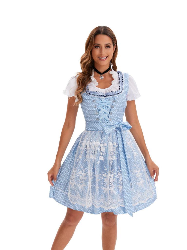 Large German Munich Oktoberfest Maid Dress - Short-Sleeved Beer Print for Stage Performance In Stock