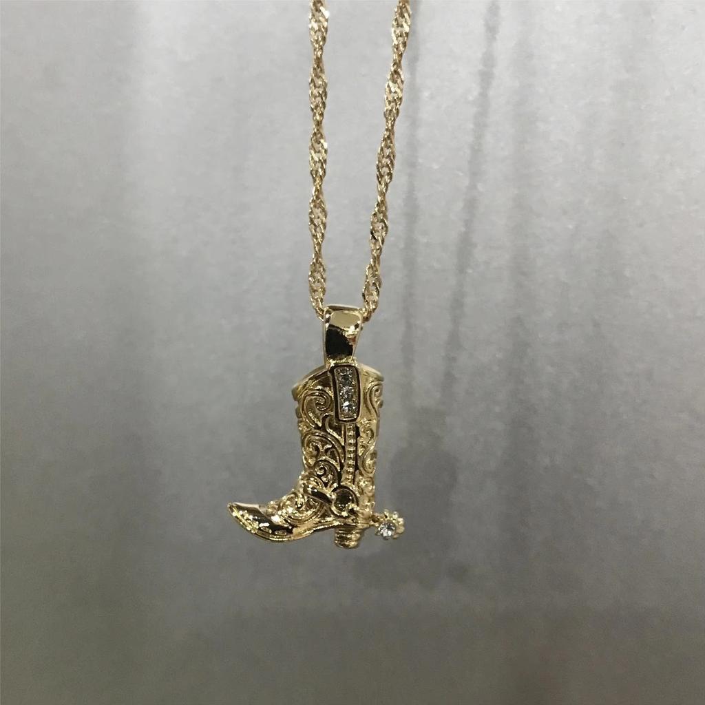 Stainless Steel Waterproof Cowboy Boot Choker Necklace Creative Cowgirl Hat Rhinestone Star Pendant Polished Gold Color Jewelry