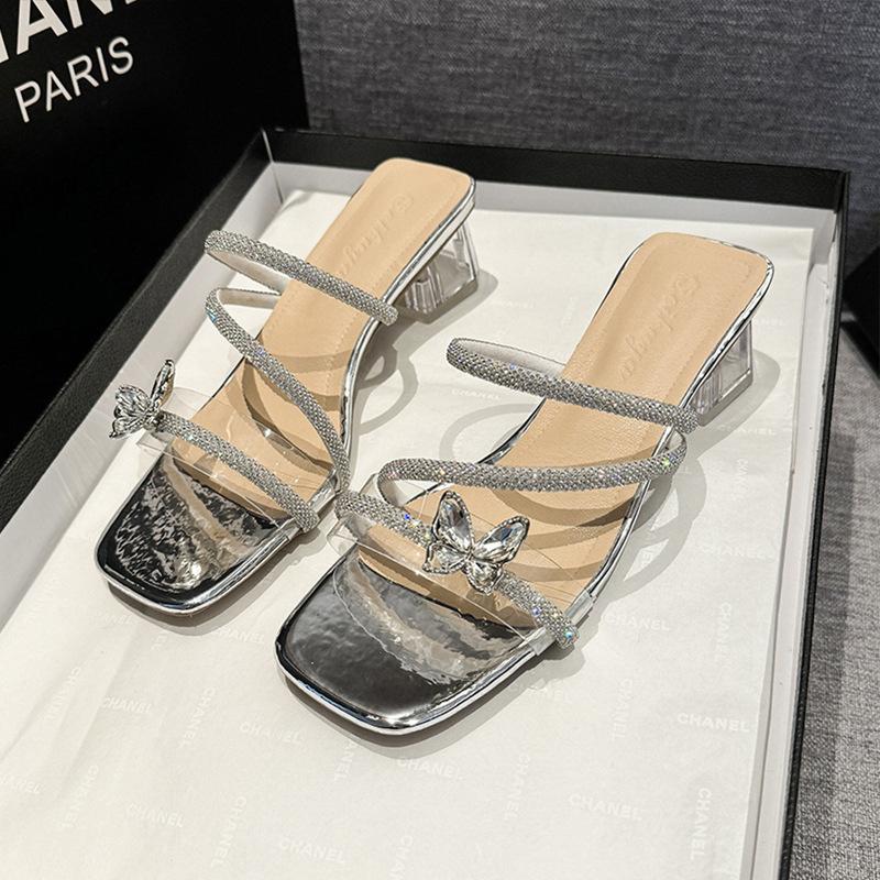 

Стиль феи, хрустальный каблук, классные женские тапочки 2025 года, лето, бант, бриллиантовая цепочка, одно слово, стиль, высокие каблуки 40 серебряный
