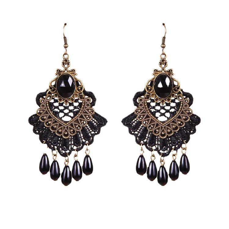 Elegant European & American Antique Black Tassel Lace Stud Earrings