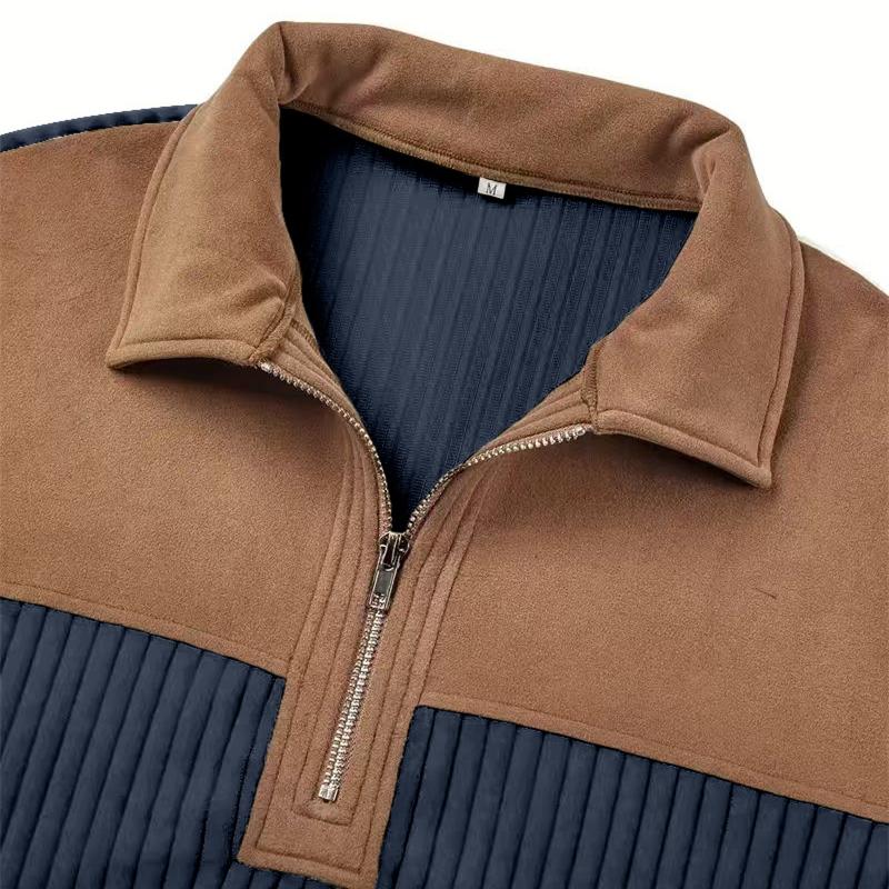Men Quarter Zip Shirt Long Sleeve Turndown Collar Pullover Color Block Jacquard Sweatshirt with Elbow Patches for Daily Wear