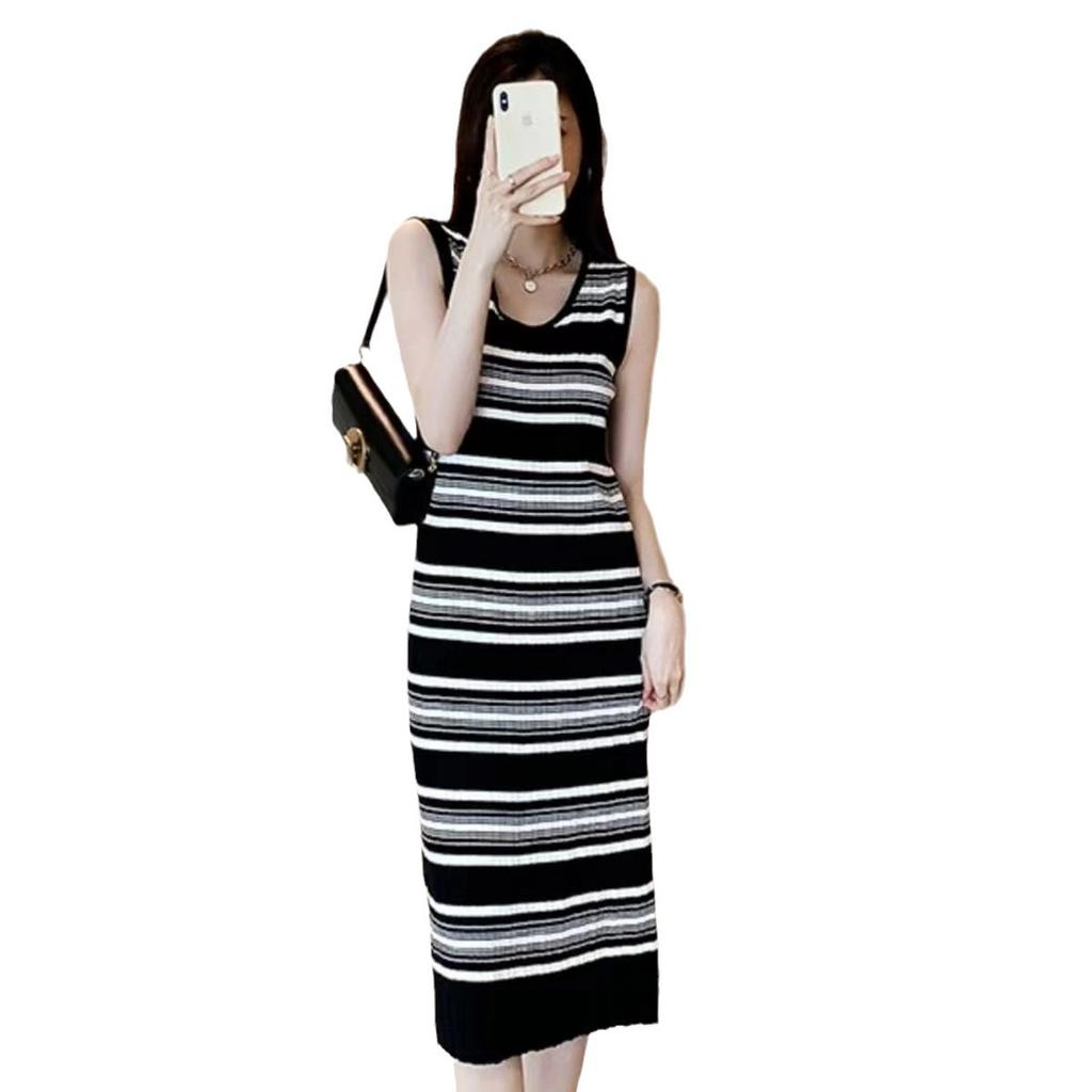 New striped knitted dress French design sense temperament thin sleeveless vest skirt medium and long versatile