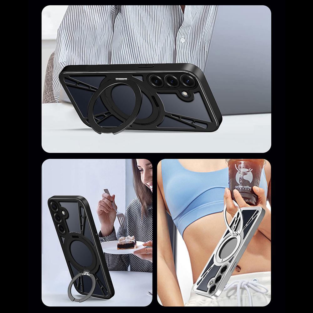 For Samsung Galaxy S25 Case Magnetic Kickstand Hollow Heat Dissipation Silicone+PC+Metal Bumper Phone Cover