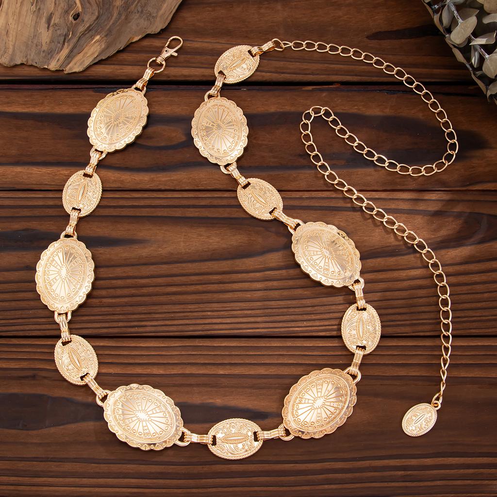 Ingemark Vintage Elliptical Carved Coin Waist Belly Chain for Women New Trend Sexy Adjustable Metal Belt Summer Body Jewelry