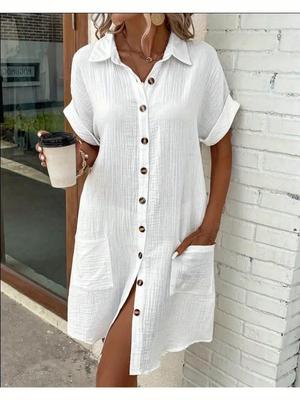 Damen neues Sommerkleid, lässig, einfarbig, einreihig, mittellang, kurzärmelig, lockeres Freizeitkleid