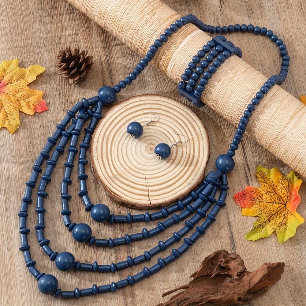 4-teiliges Boho-Halsketten- und Ohrring-Set, mehrlagig, handgefertigt, Set mit Perlenohrringen, Set mit Holzhalsketten, für Damen
