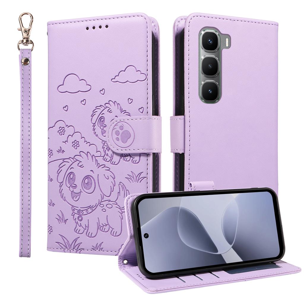 For Infinix Hot 60 Pro 4G Case RFID Blocking Imprinted Dog Pattern PU Leather Phone Cover with Wrist Strap