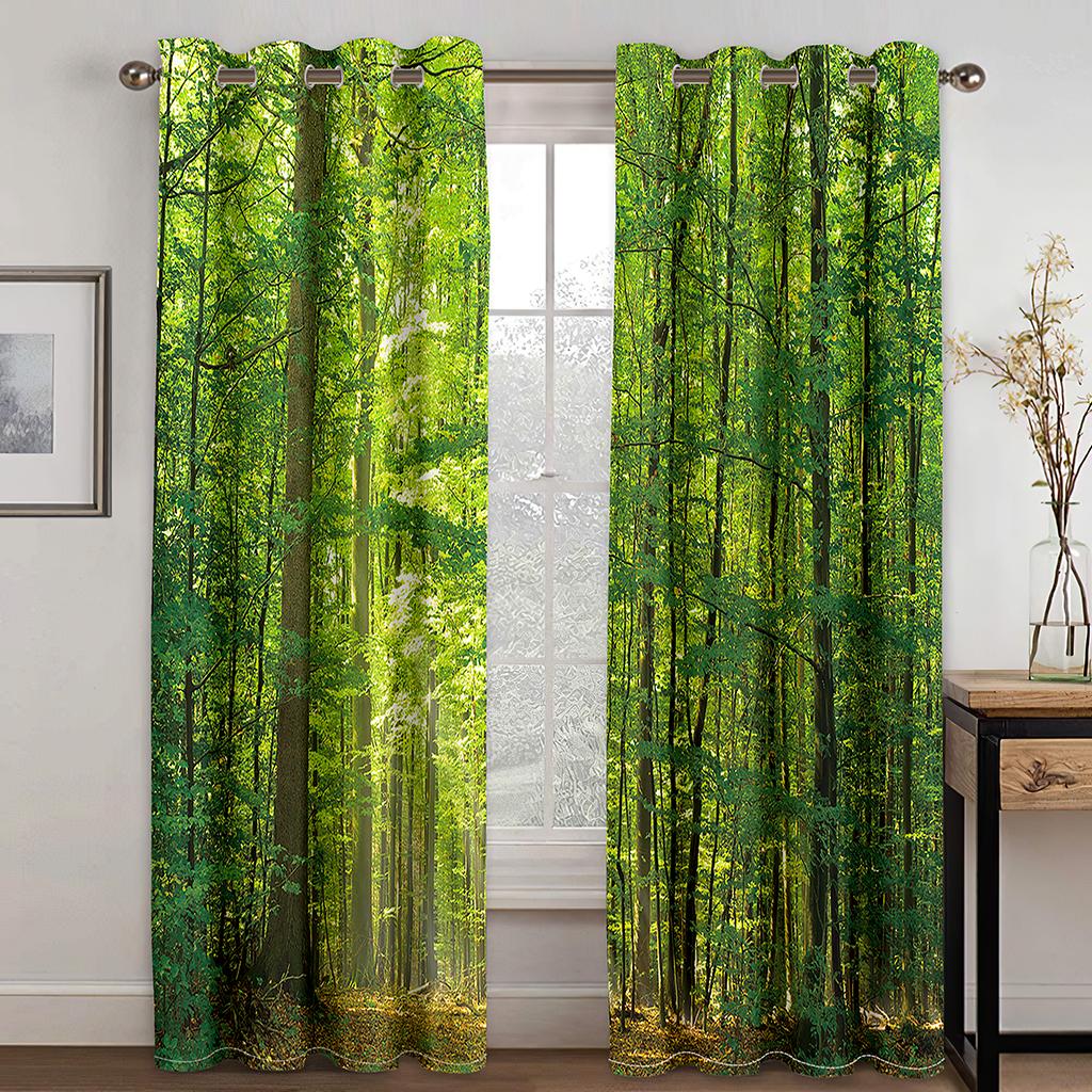Spring Forest River Landscape Shade Curtain Living Space Bedroom Area Home Decor Thin Curtain 2 Panels Punch Hooks