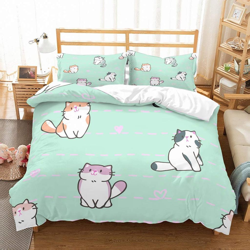 3D Kinder Katzen Bettwäsche Set Einzelbett Grün Cartoon Katzen Bettwäsche Für Kinder Jungen Mädchen Tiermotiv Niedliches Kätzchen Muster 2/3tlg.