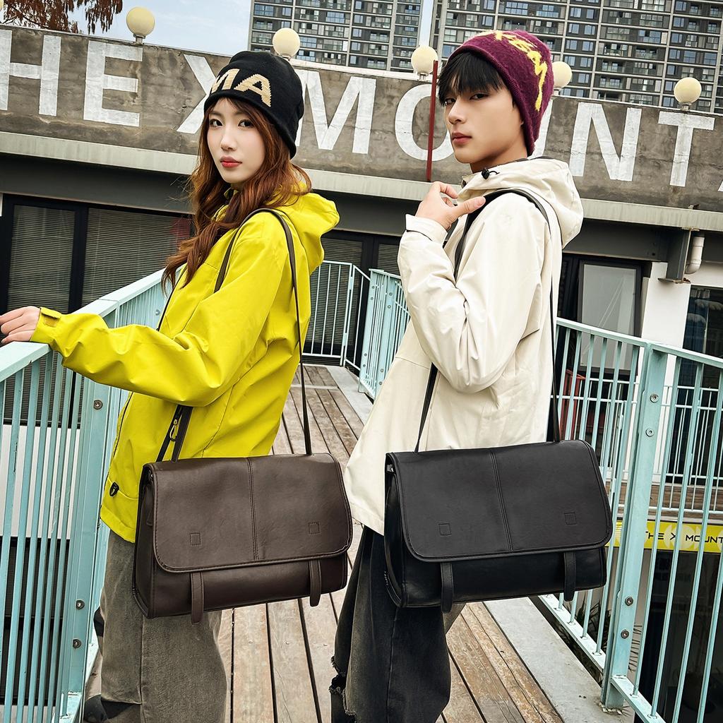 Wind Pu Soft Leather Shoulder Bag Men'S And Women'S Large-Capacity Commuter Messenger Bag Casual Versatile Messenger Bag Green