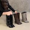 Grey Patent Leather Pointed-tipped Pleated Boots Female Hottie Style Fine Heel High Tube But Knee High Heel Knight Boots