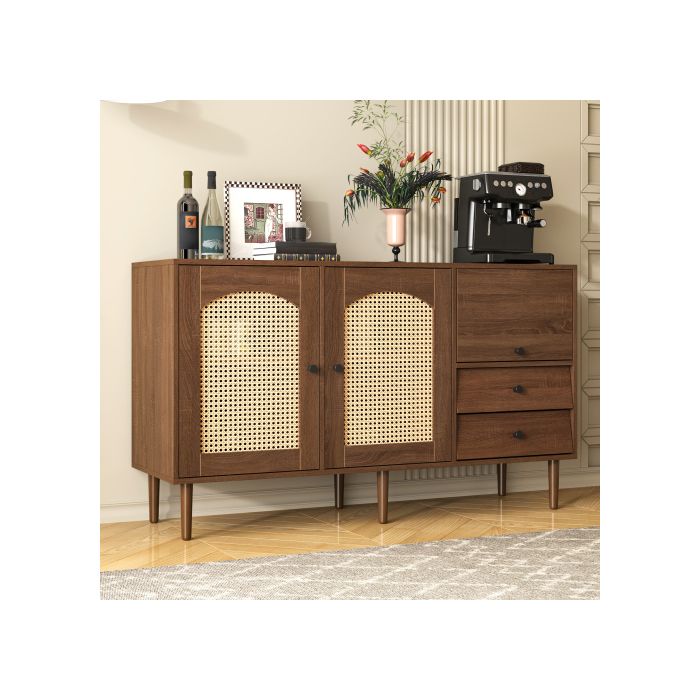 Buffet - MUVOE - 130 x 75,5 x 40 cm - Portes en rotin - Fermeture magnétique - Étagère réglable