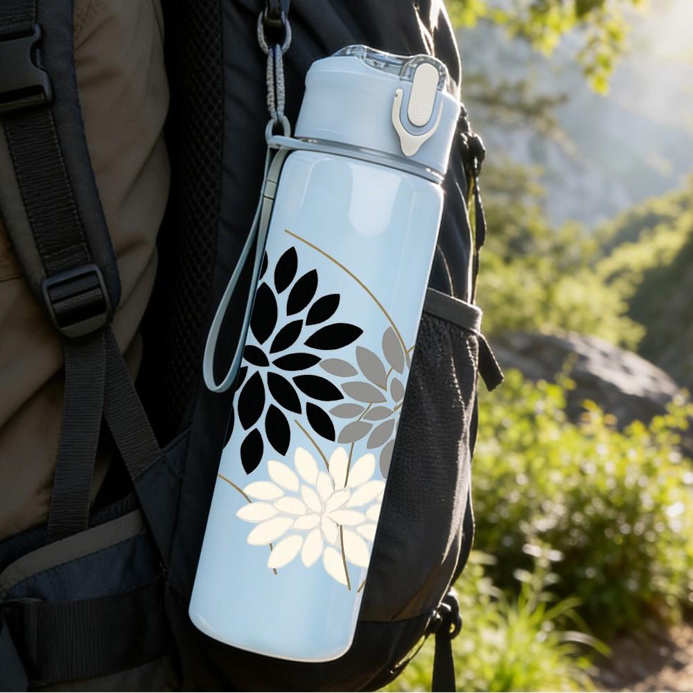 1PC Black White Floral Print 750ml Color Plastic Sports Water Bottle Leakproof Flip Straw Lid Suitable for Sports Office Home Use