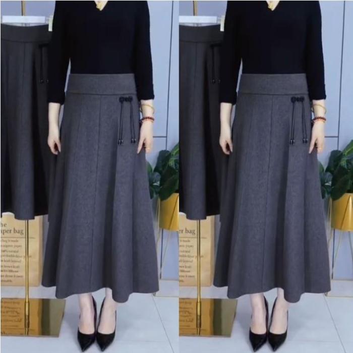 Chinesischer dicker Wollstrick-Midirock mit Froschknöpfen A-Linien-Flatterrock für den Herbst