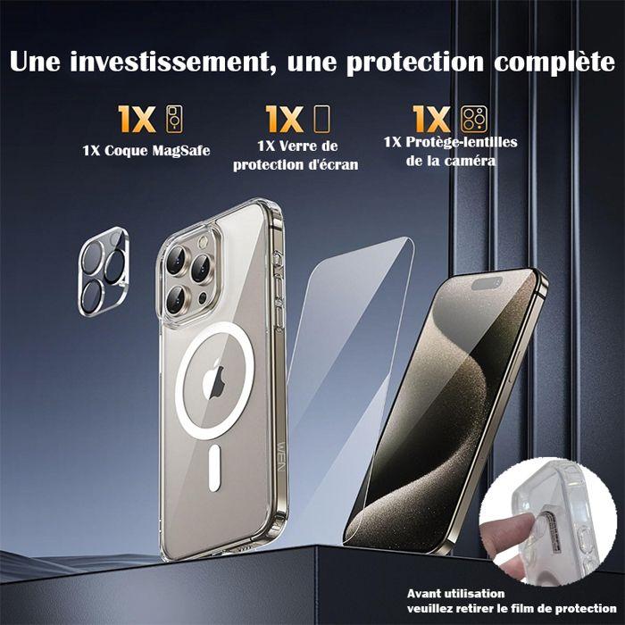 Coque de téléphone - WENZYLIQUOX - iPhone 15 Pro - MagSafe aimantée - Verre trempé antichoc - Transparent anti-jaunissement