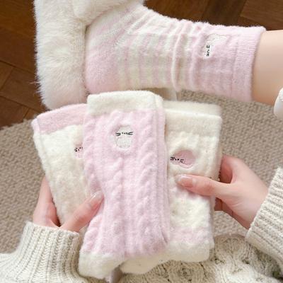 Season Pink Plush Socks Love Embroidery Cat Australian Plush Socks Plush Thickened Warm Sleep Socks