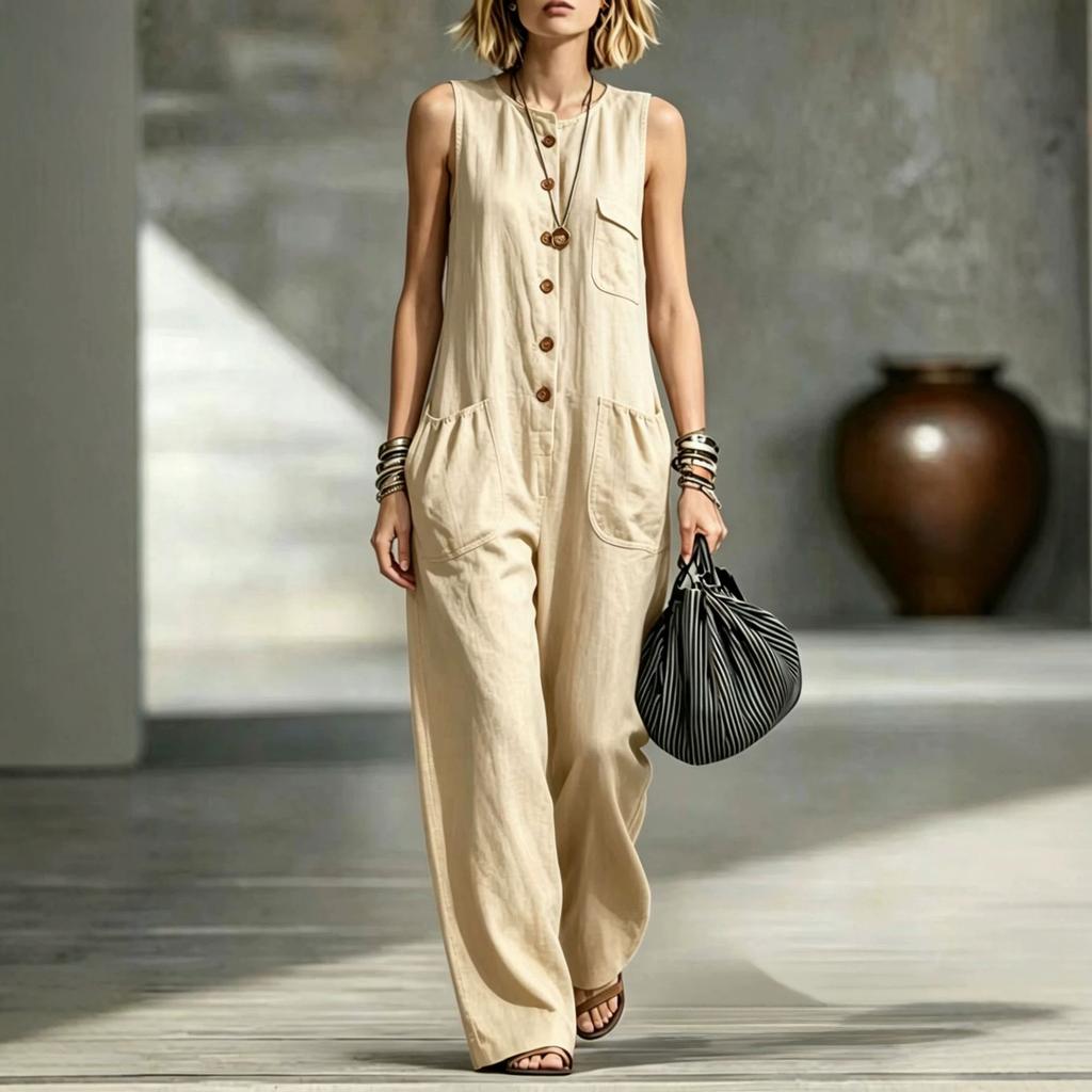 2026 summer new European and American creative pocket fashion casual wide-leg women's jumpsuit