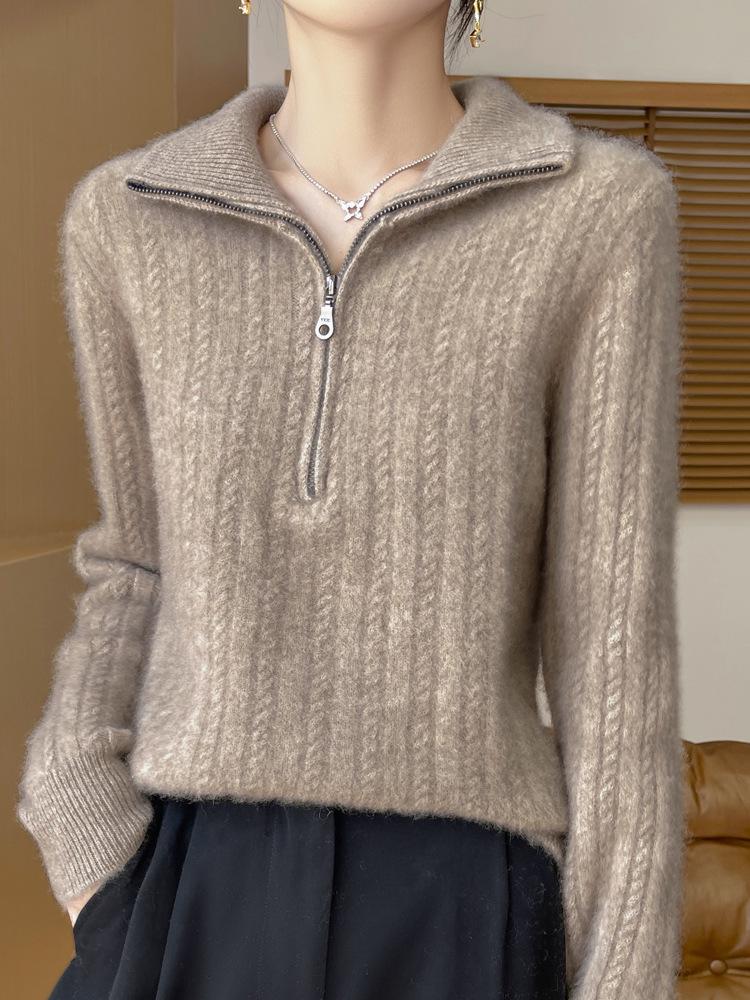 New Women's Thick Lapel Half-Zip Wool Sweater - Soft Cable Knit, Casual Loose Fit for Autumn/Winter