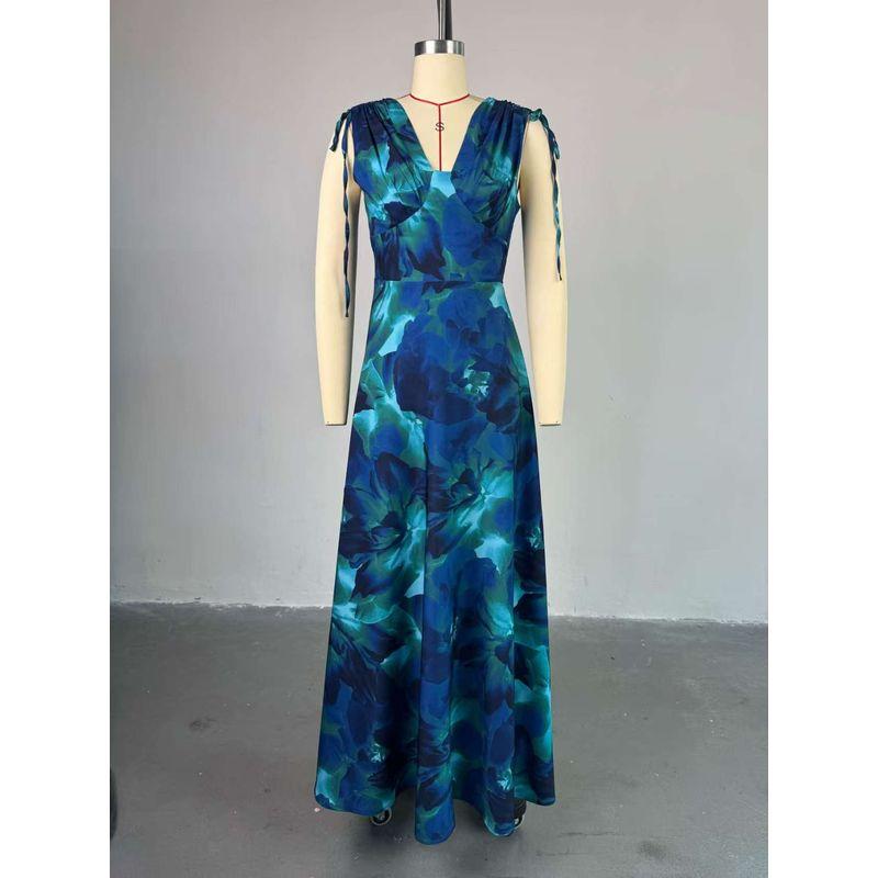 

Fashion New Arrival Sweet Fresh Printed V-neck High Waist Slim Looking A- line Dress Printed V-neck Dress Green 2XL