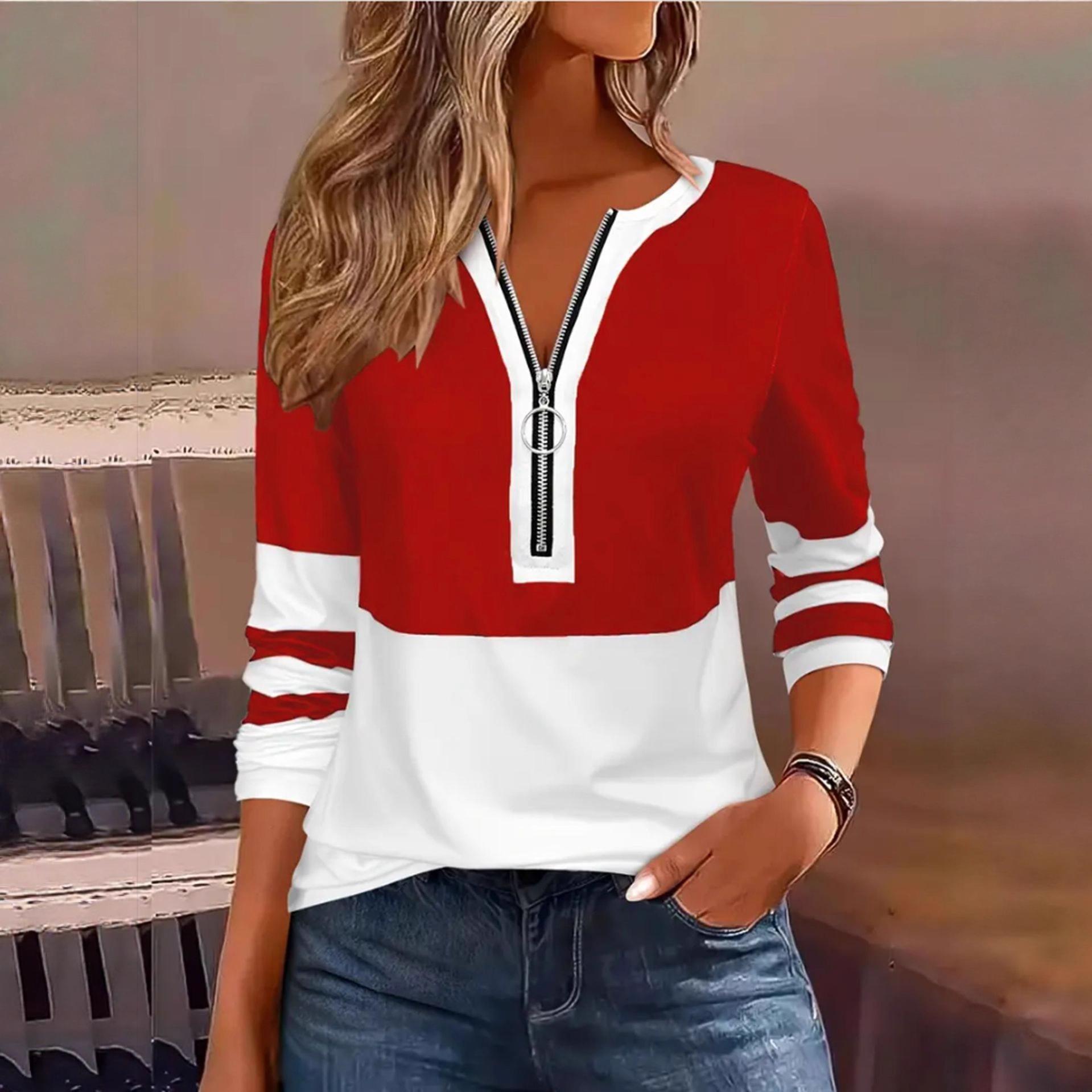 

DAFIFY Женские модные повседневные весенне-осенние блузки и рубашки с длинным рукавом и V-образным вырезом с принтом в стиле колор-блок M красный